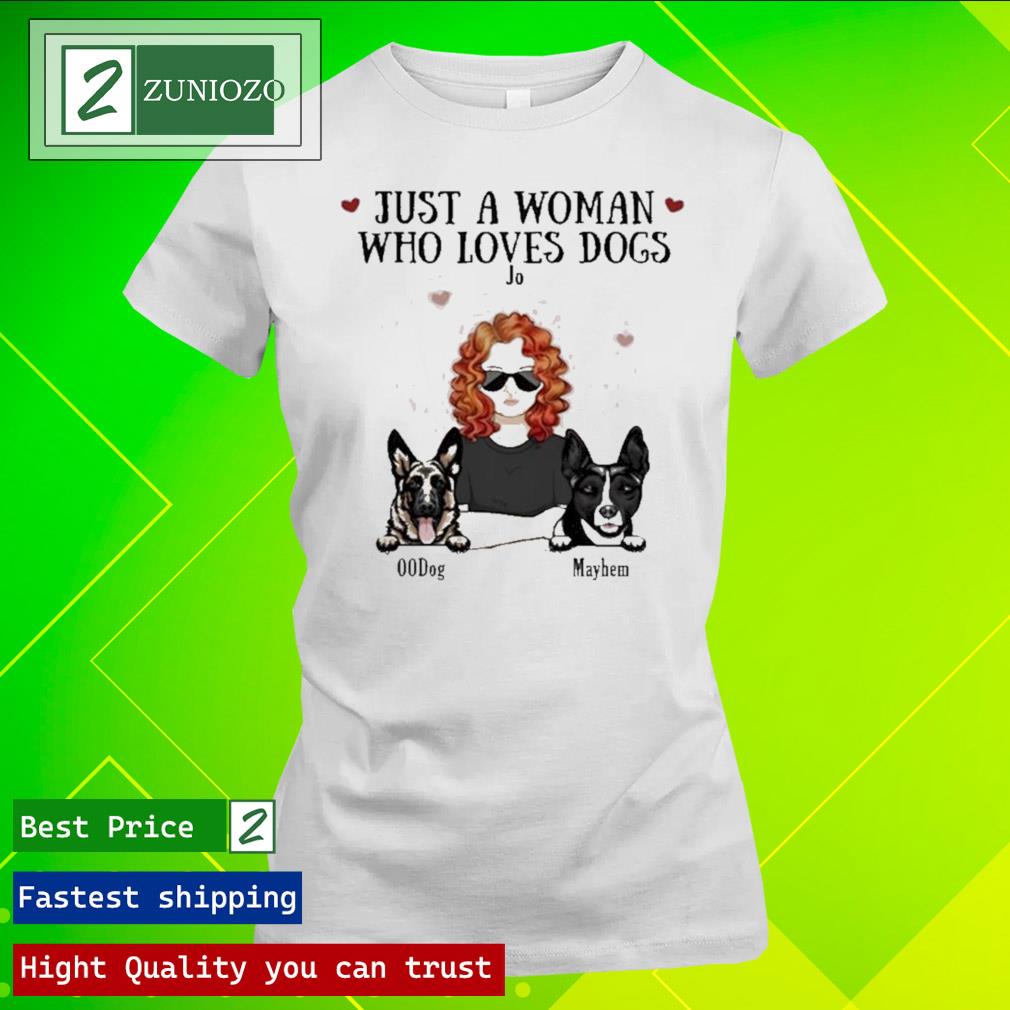 Official just A Woman Who Loves Dog Jo 00Dog Mayhem T Shirt ladies tee
