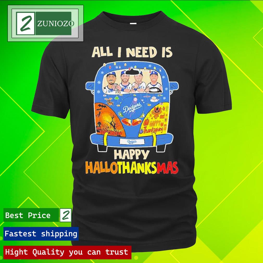 Official los Angeles Dodgers Bus All I Need Is Happy Hallothanksmas 2023 T-Shirt