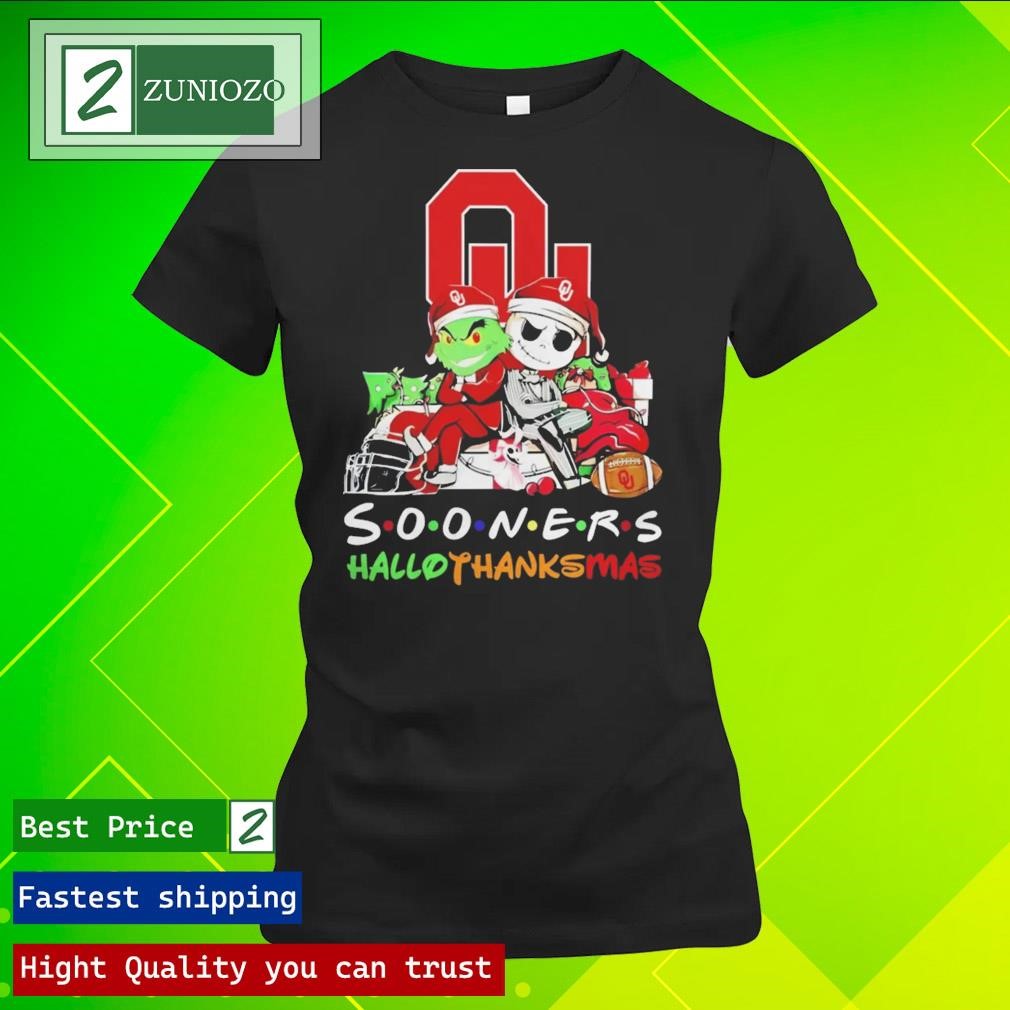 Official Grinch And Jack Skellington Friends Oklahoma Sooners Hallothanksmas Shirt ladies tee shirt