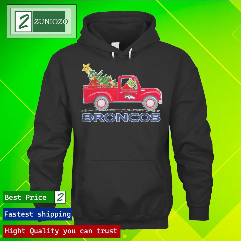 Official NFL Denver Broncos Santa Grinch Driving Truck Christmas Shirt hoodie